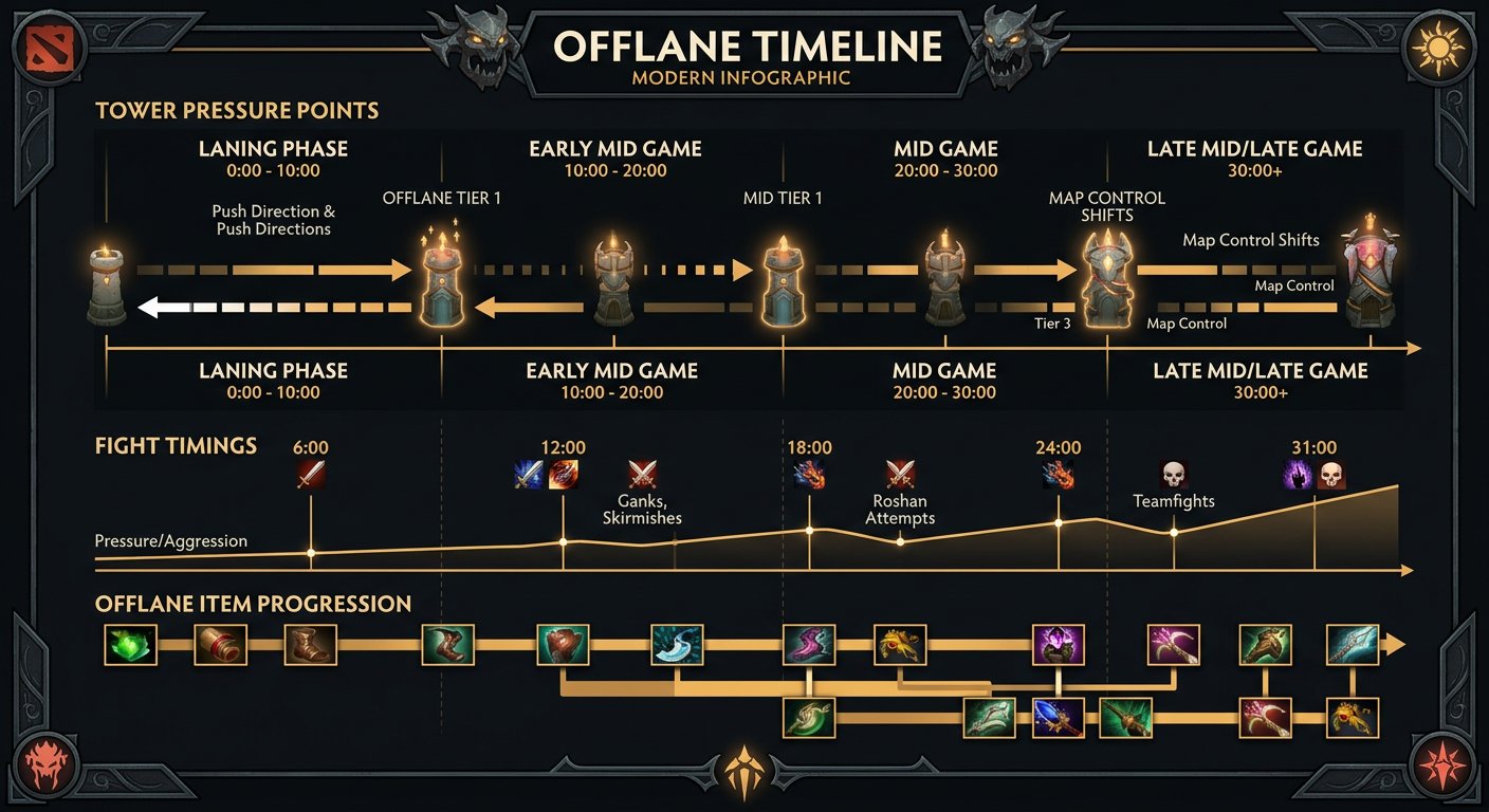 Offlane game phase timeline showing tower pressure points, fight timings, and item progression