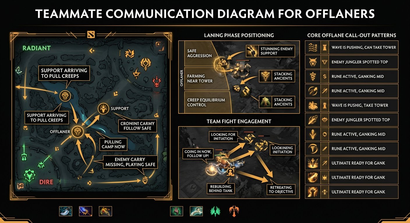 Teammate communication diagram for offlaners showing call-out patterns and positioning