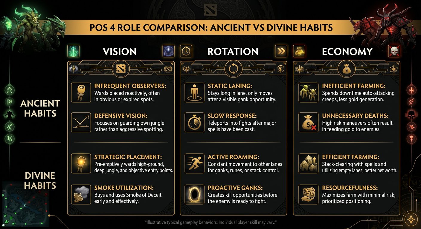 Pos 4 role comparison chart showing Ancient vs Divine habits across vision, rotation, and economy metrics
