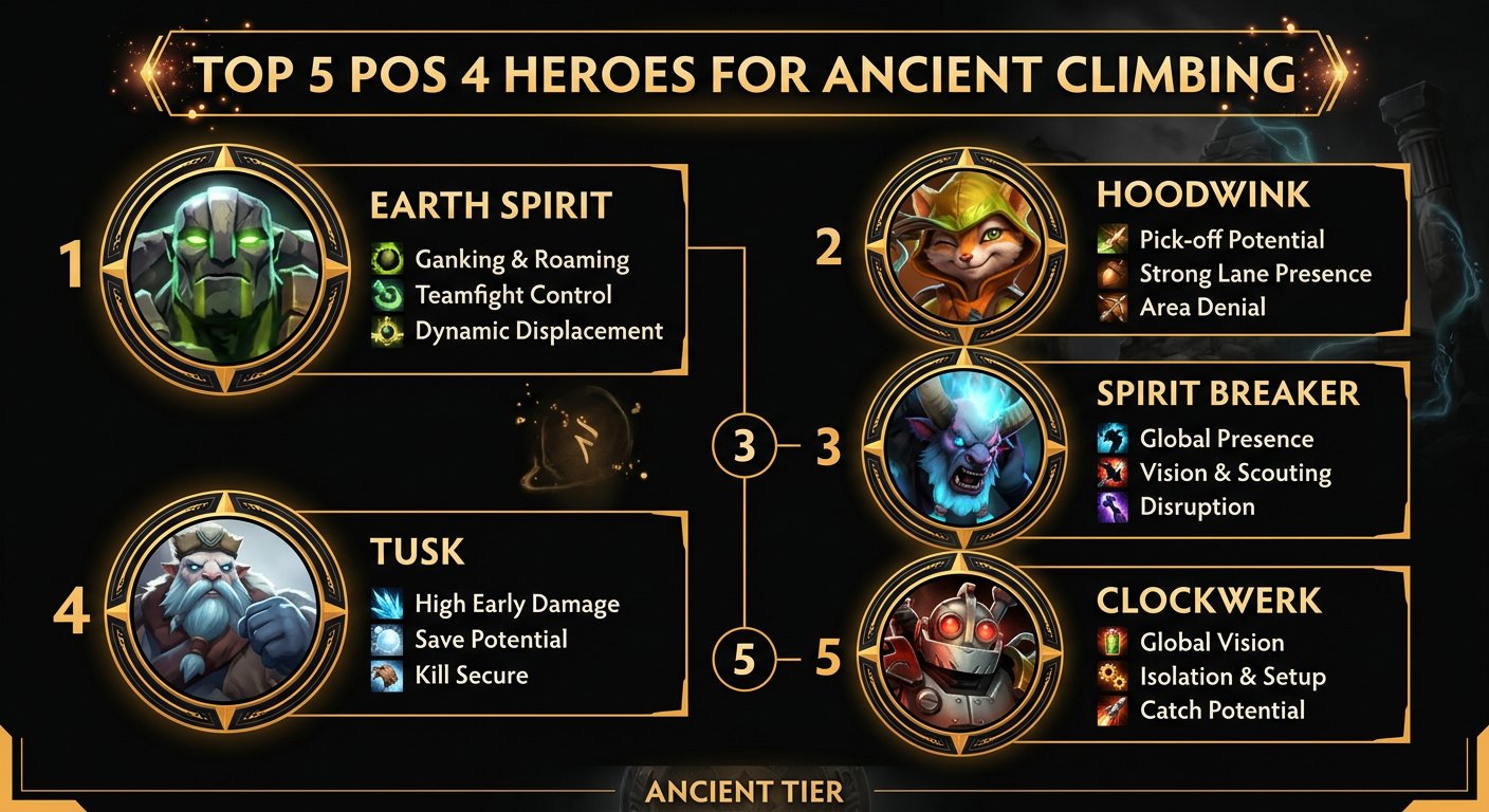 Top 5 Pos 4 hero tier list with portraits and key strengths for Ancient climbing