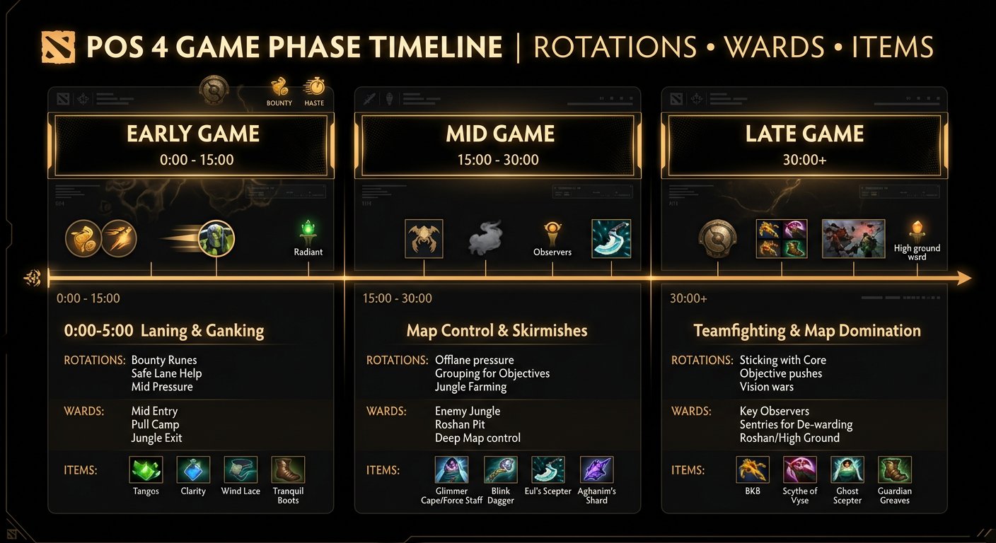 Pos 4 game phase timeline showing rotation windows, ward timings, and item priorities