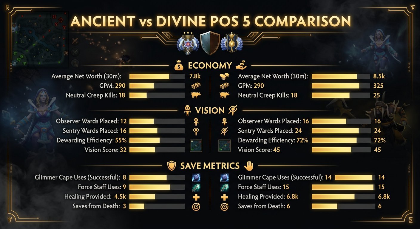 Ancient vs Divine Pos 5 comparison showing economy, vision, and save metrics