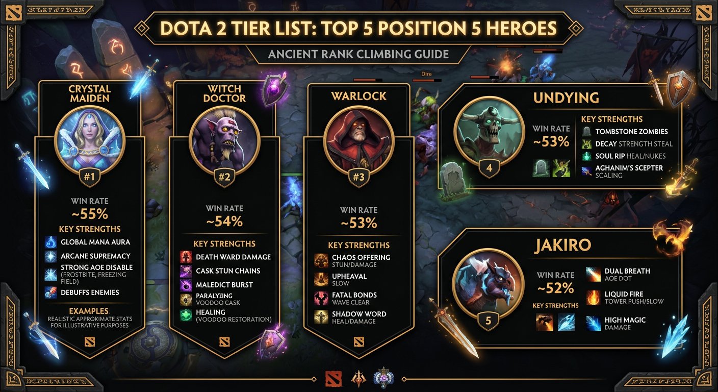 Top 5 Pos 5 hero tier list with portraits, win rates, and key strengths for Ancient climbing