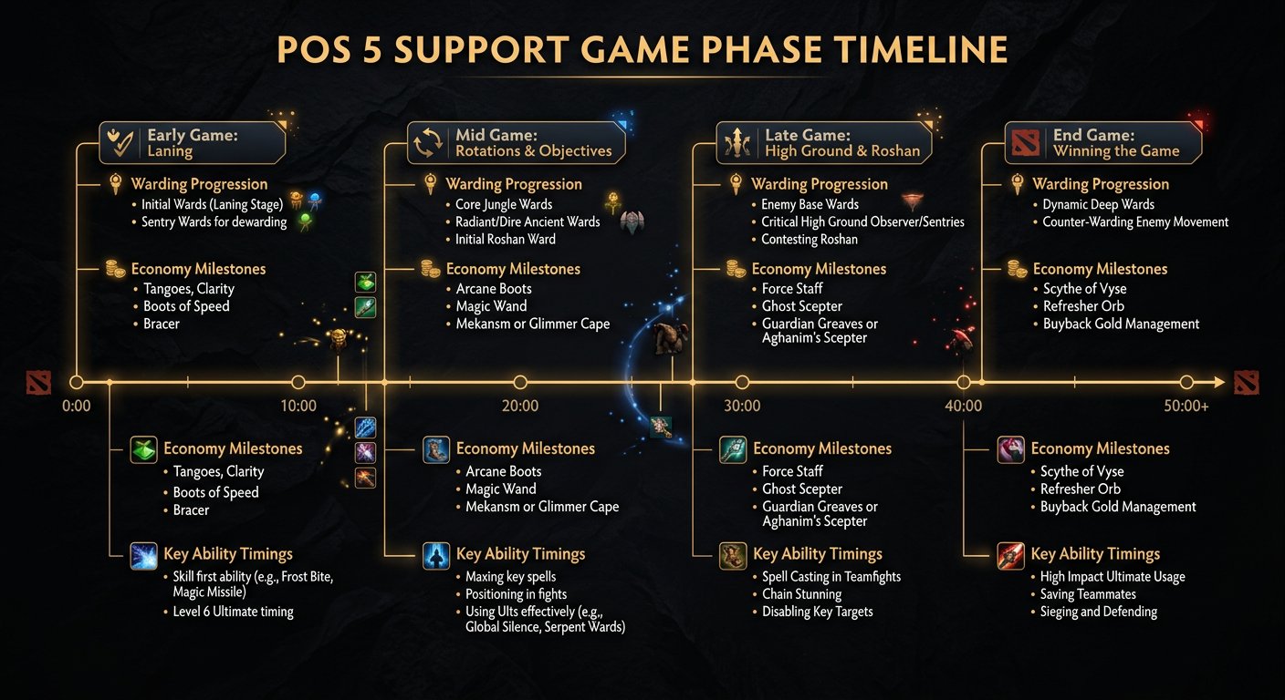 Pos 5 game phase timeline showing ward progression, economy milestones, and key ability timings