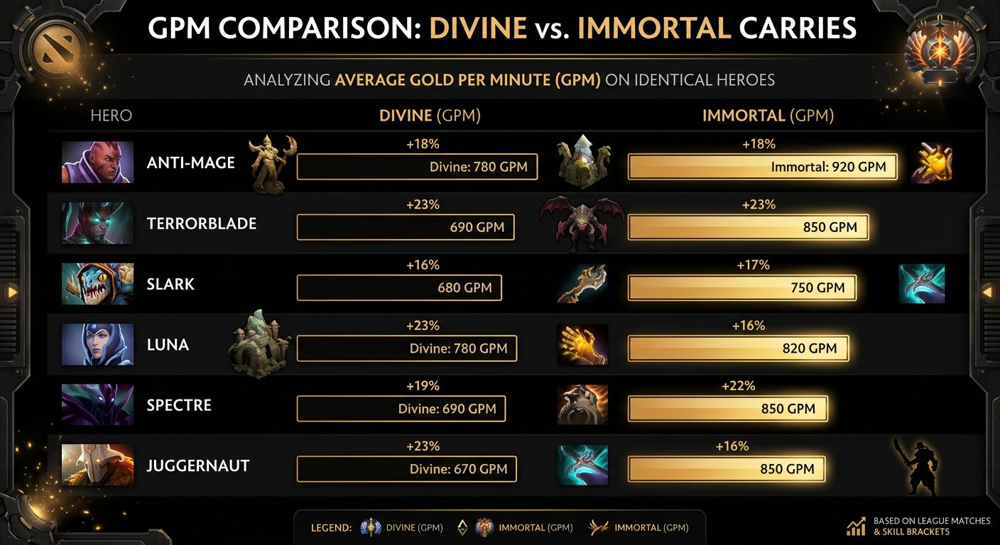 GPM comparison chart between Divine and Immortal carry players on same heroes