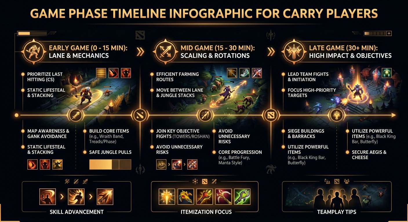 Game phase timeline infographic for carry players