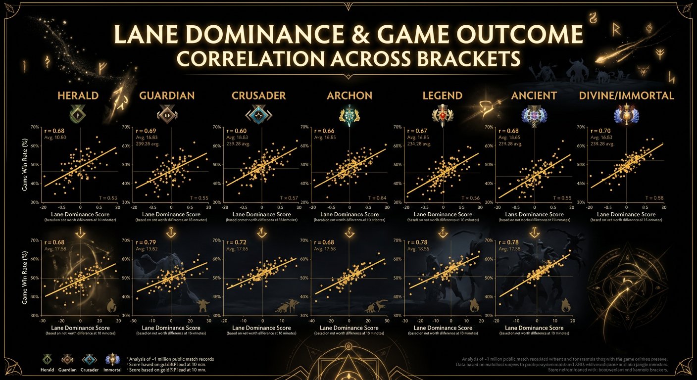 Win rate correlation between lane dominance and game outcome across brackets