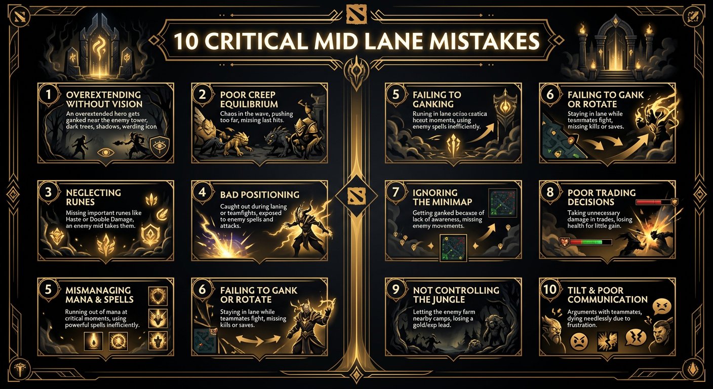 Infographic showing the 10 critical mid lane mistakes