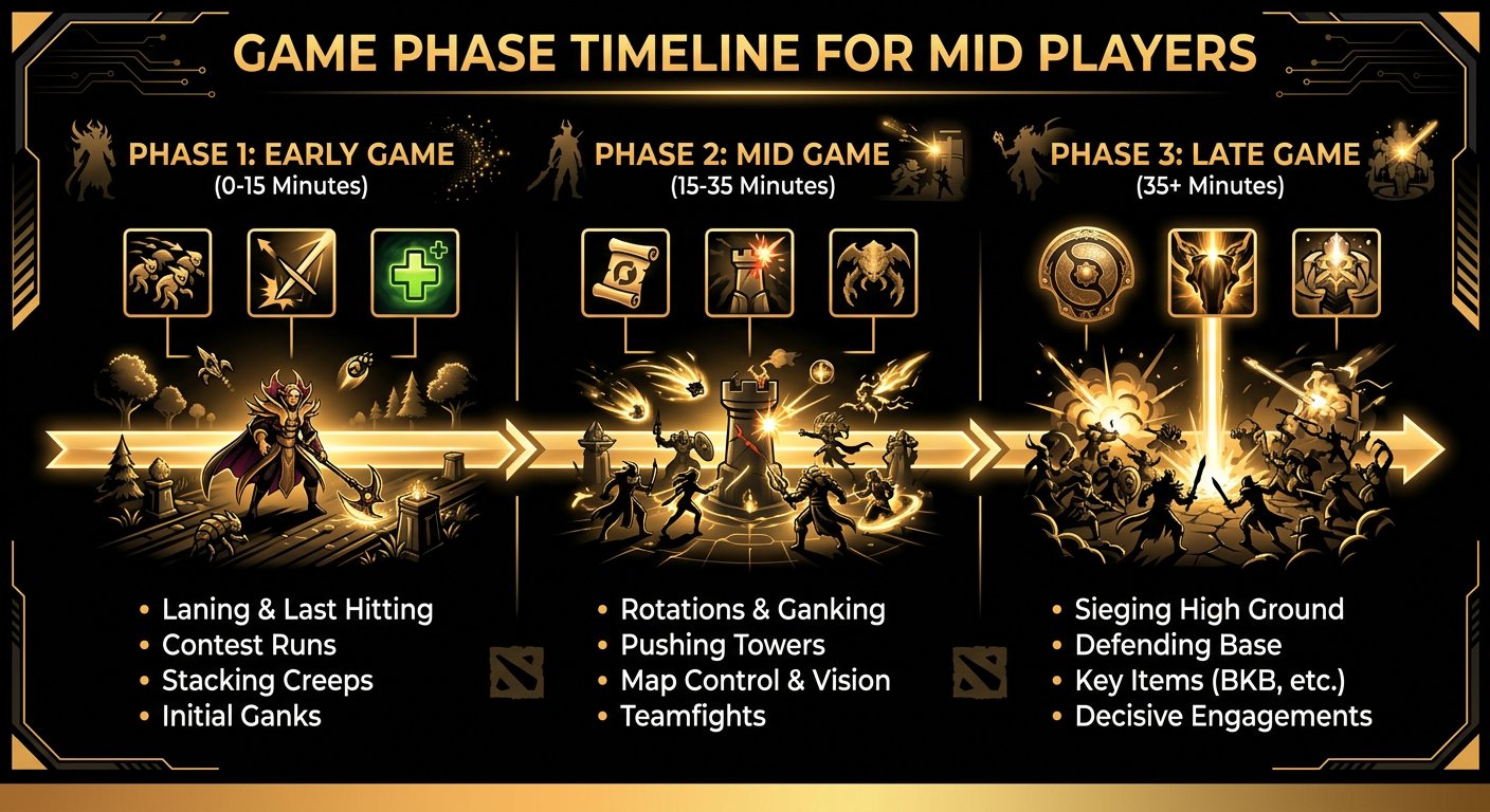 Game phase timeline infographic for mid players
