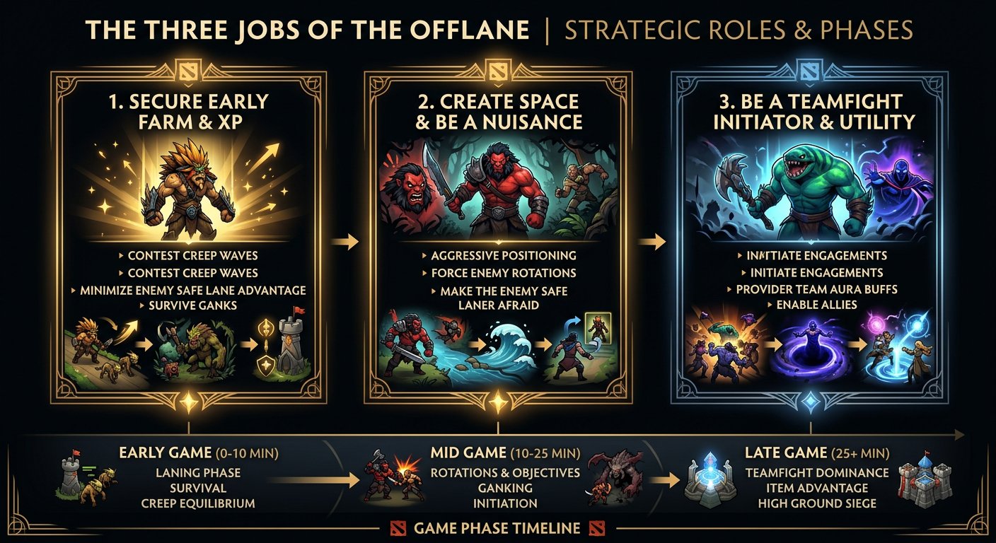 The three jobs of offlane infographic with game phase timeline