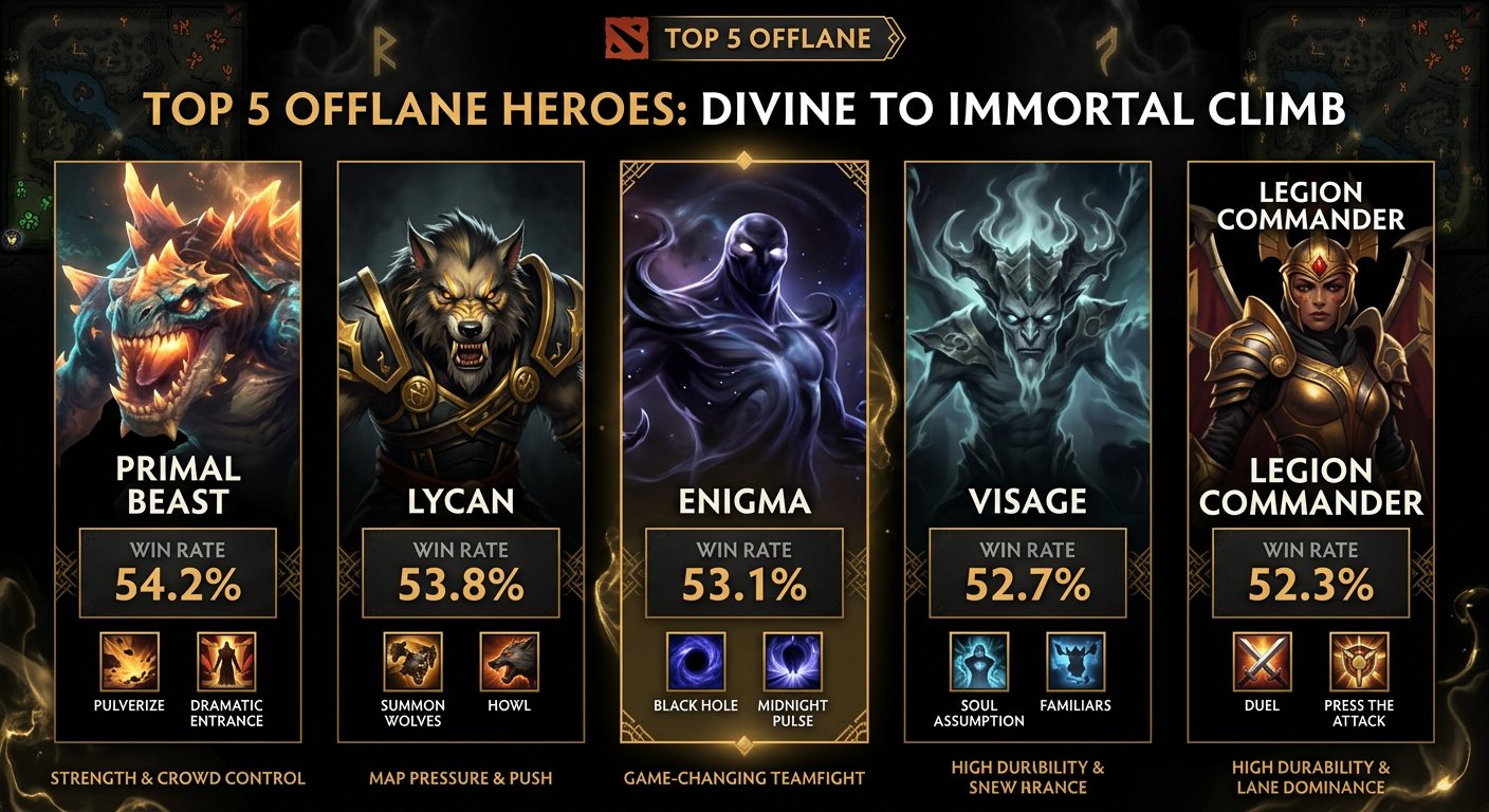 Top 5 offlane heroes for Divine to Immortal climb with win rate stats
