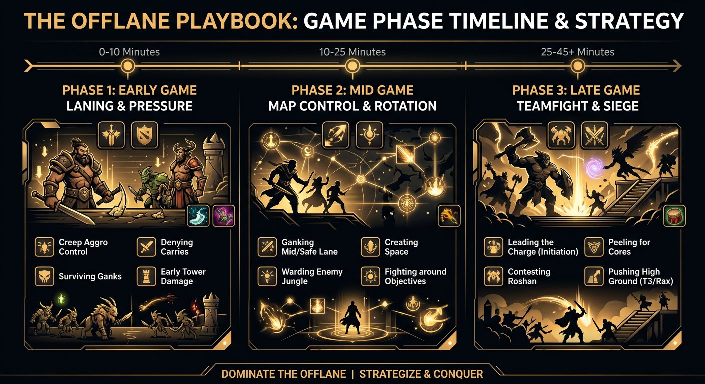 Game phase timeline infographic for offlane players