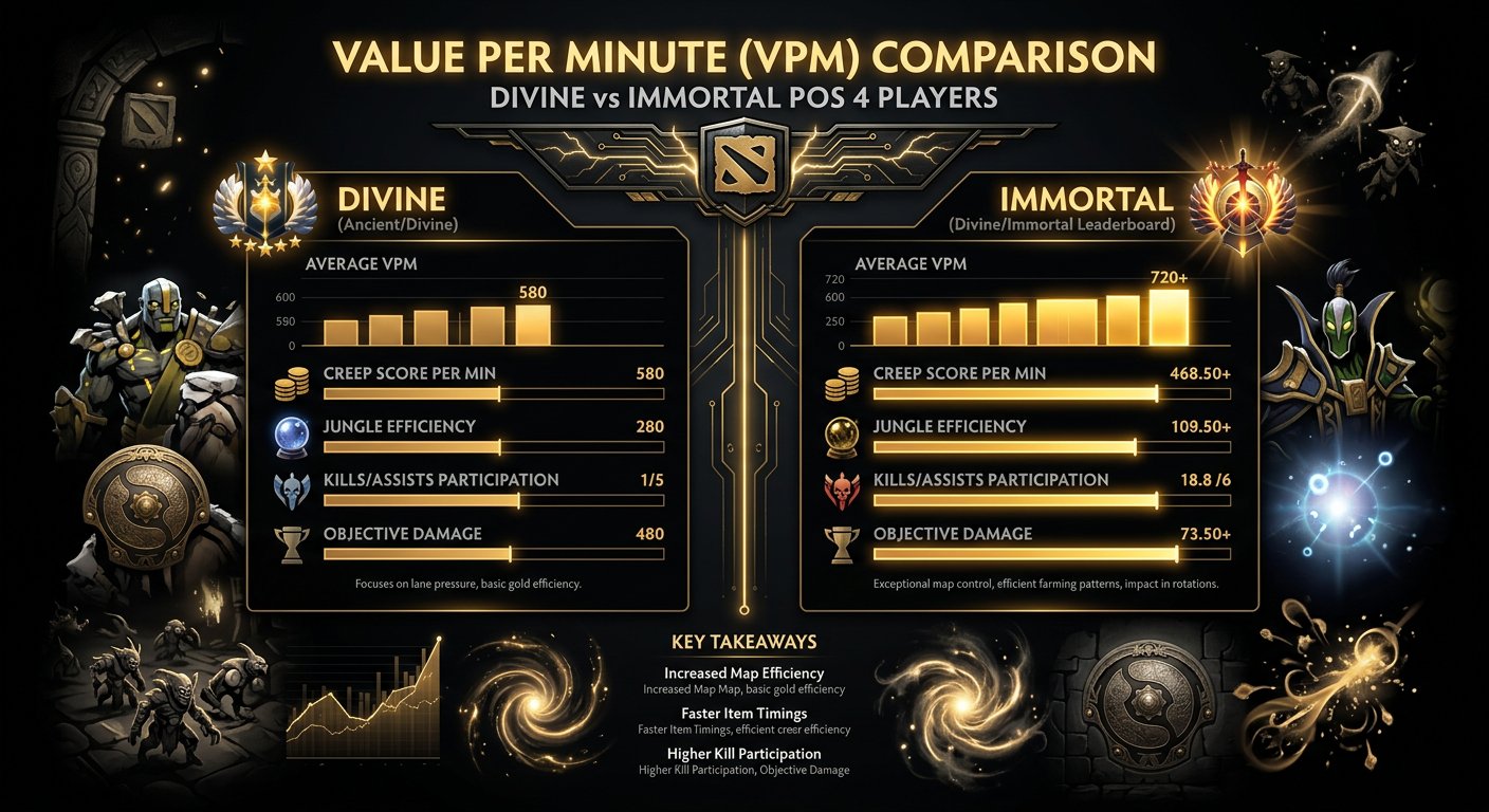 Value Per Minute comparison between Divine and Immortal pos 4 players