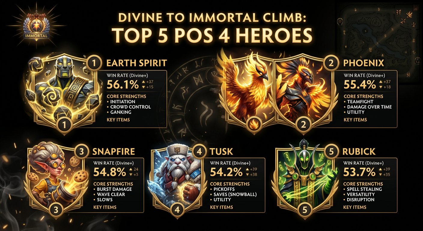 Top 5 pos 4 heroes for Divine to Immortal climb with win rate stats