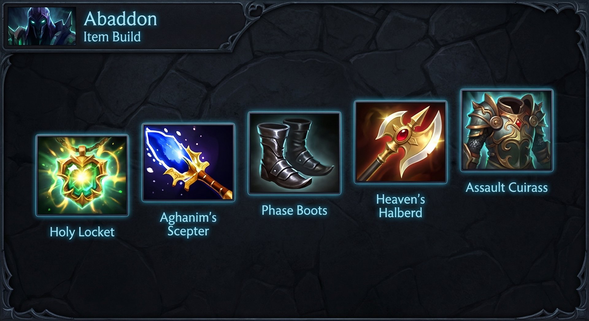 Abaddon item build progression showing Holy Locket Aghanims Scepter and core items