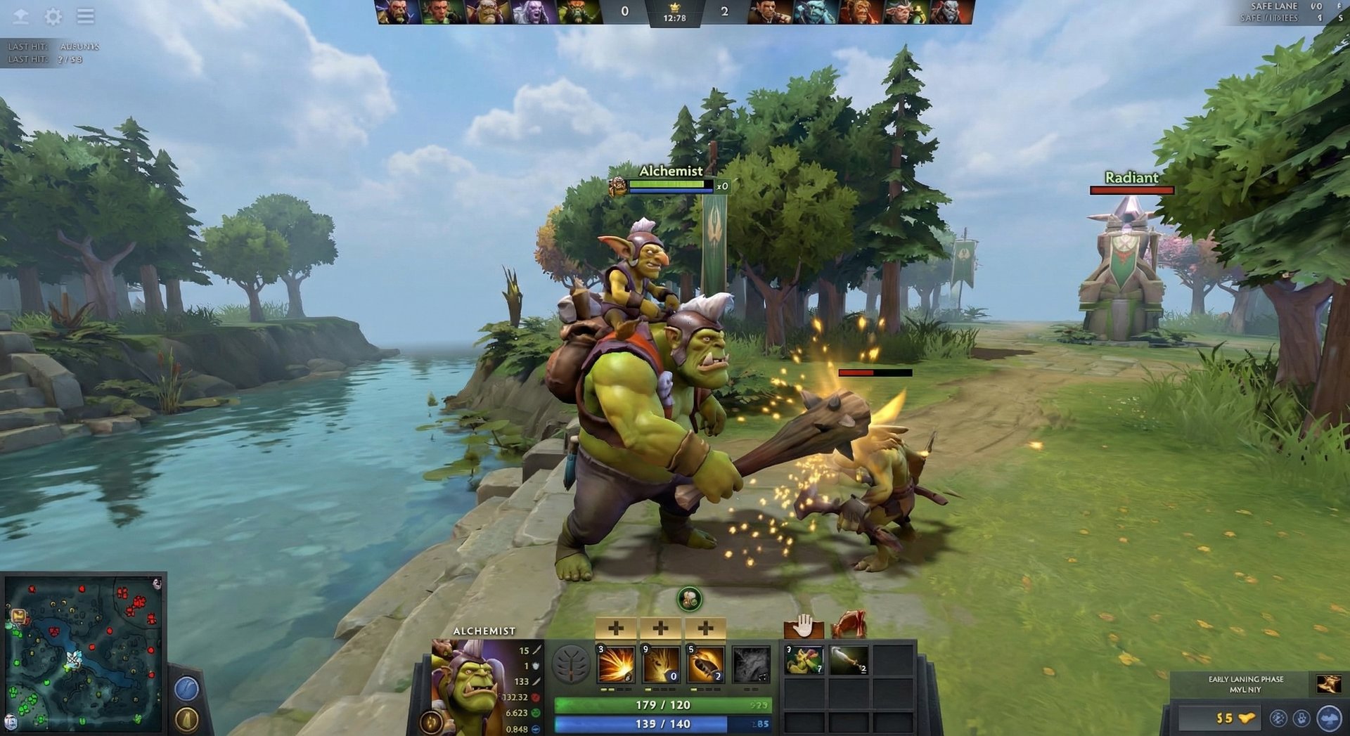 Alchemist laning phase farming creeps in Dota 2