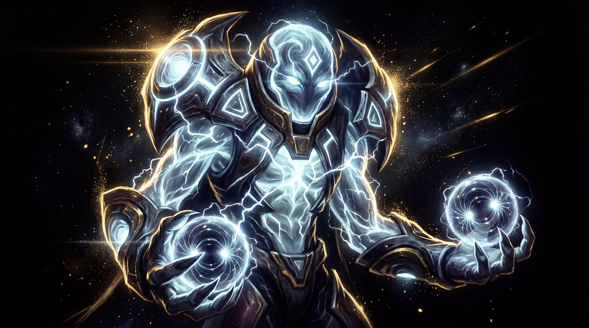 Arc Warden cinematic portrait with gold accents on black background