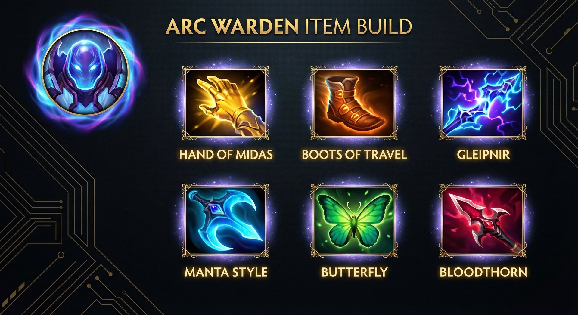 Arc Warden item build progression with core items on dark background