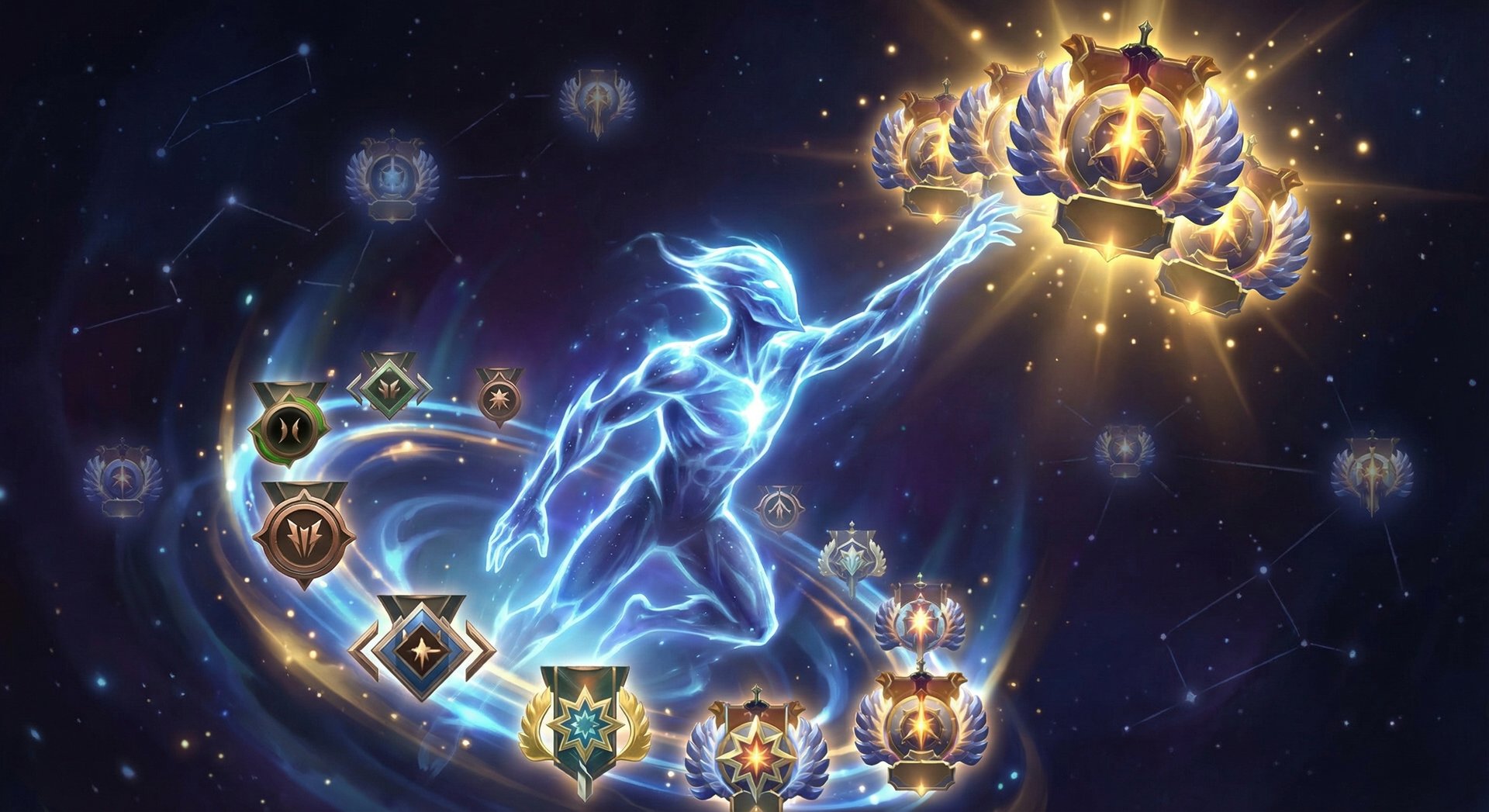 Arc Warden ascending through Dota 2 rank medals with gold accents