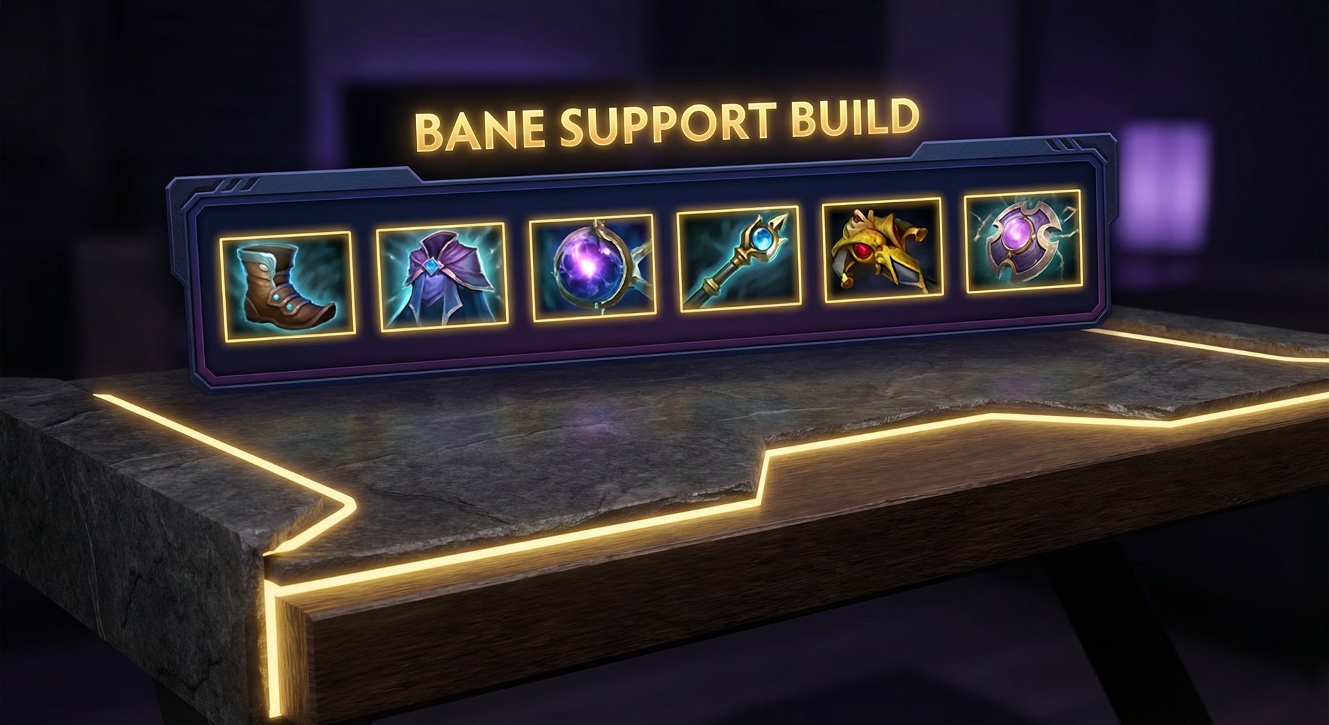 Bane support item build progression showing key items on dark background