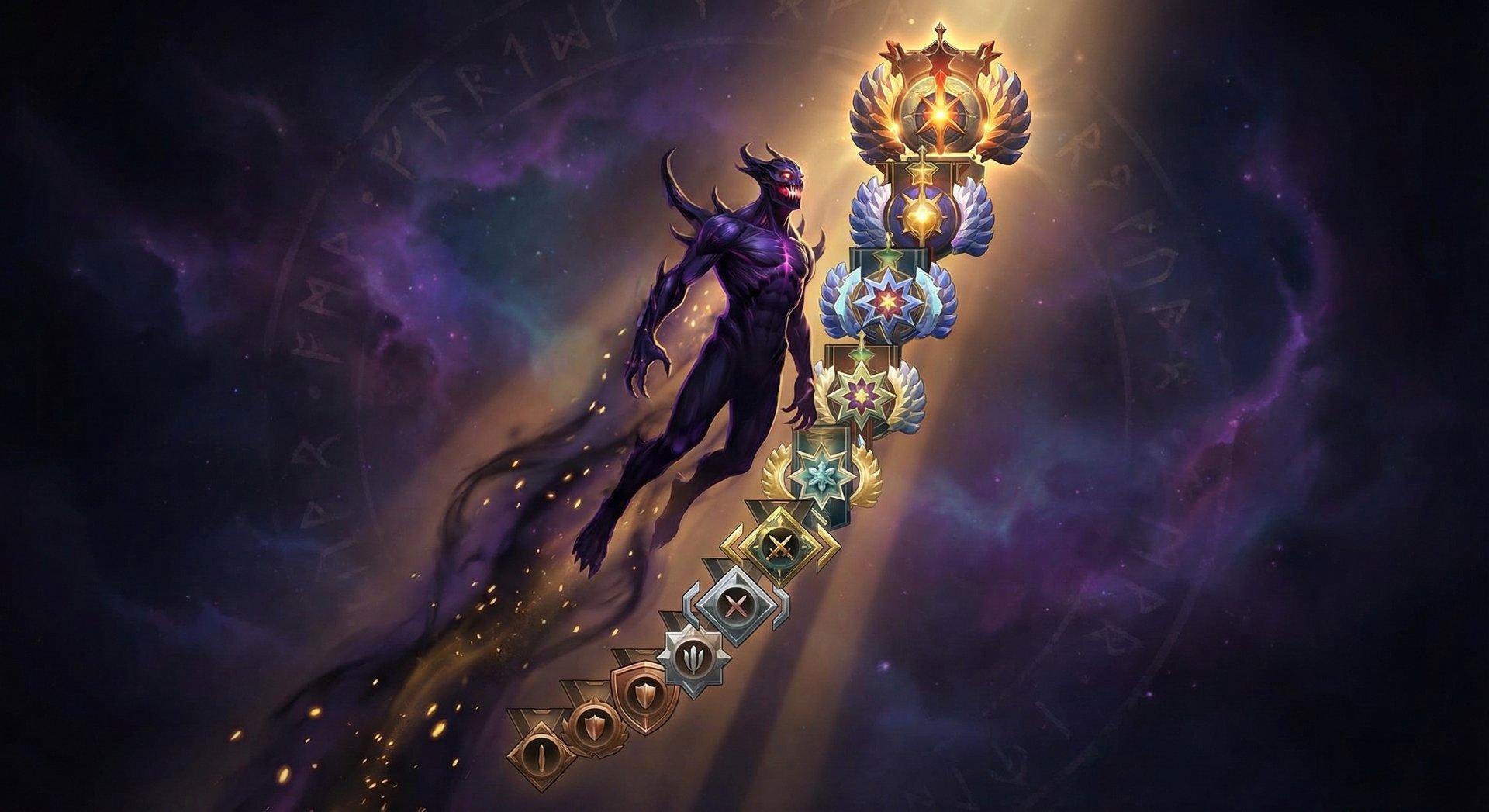 Bane Elemental ascending through Dota 2 ranked tiers from Herald to Immortal with golden rank emblems