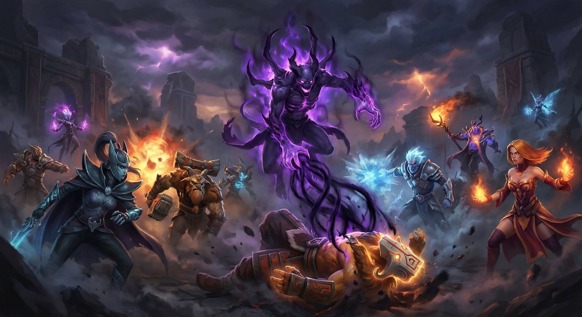 Bane Elemental in a Dota 2 team fight channeling Fiend's Grip while allies fight around him