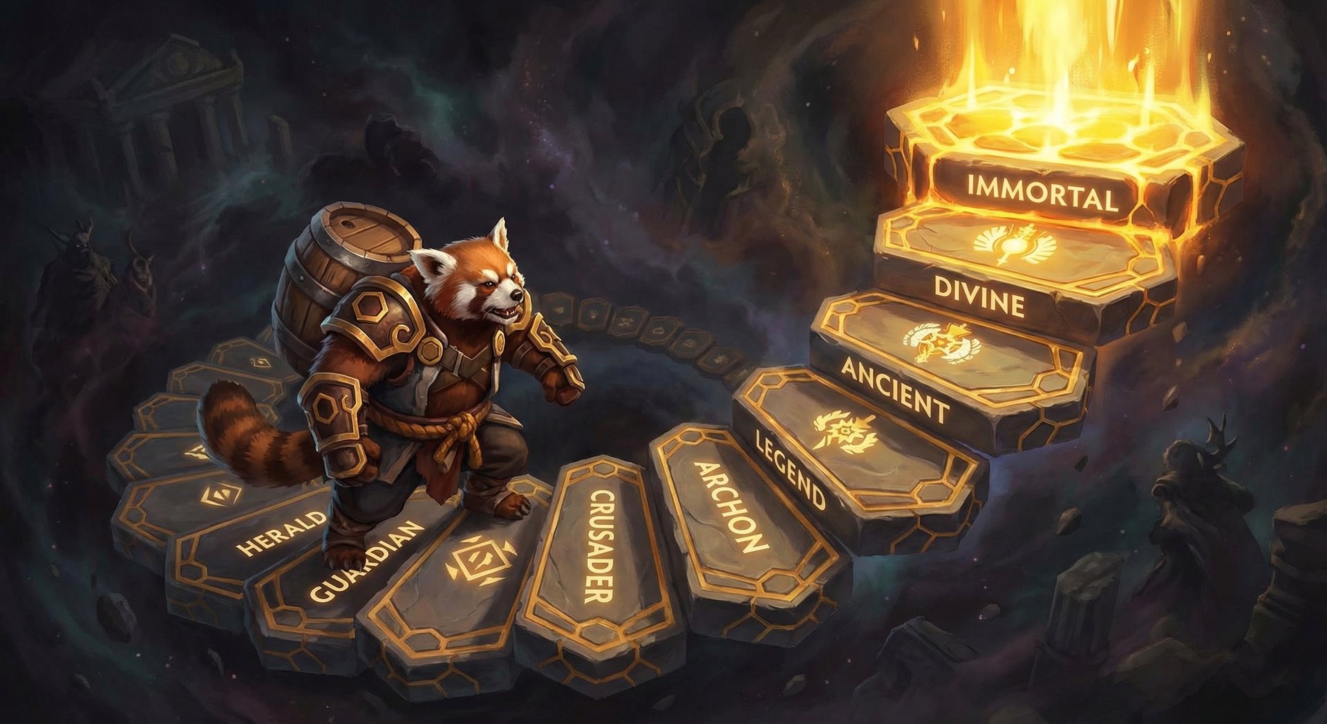 Brewmaster climbing through Dota 2 ranked tiers from Herald to Immortal