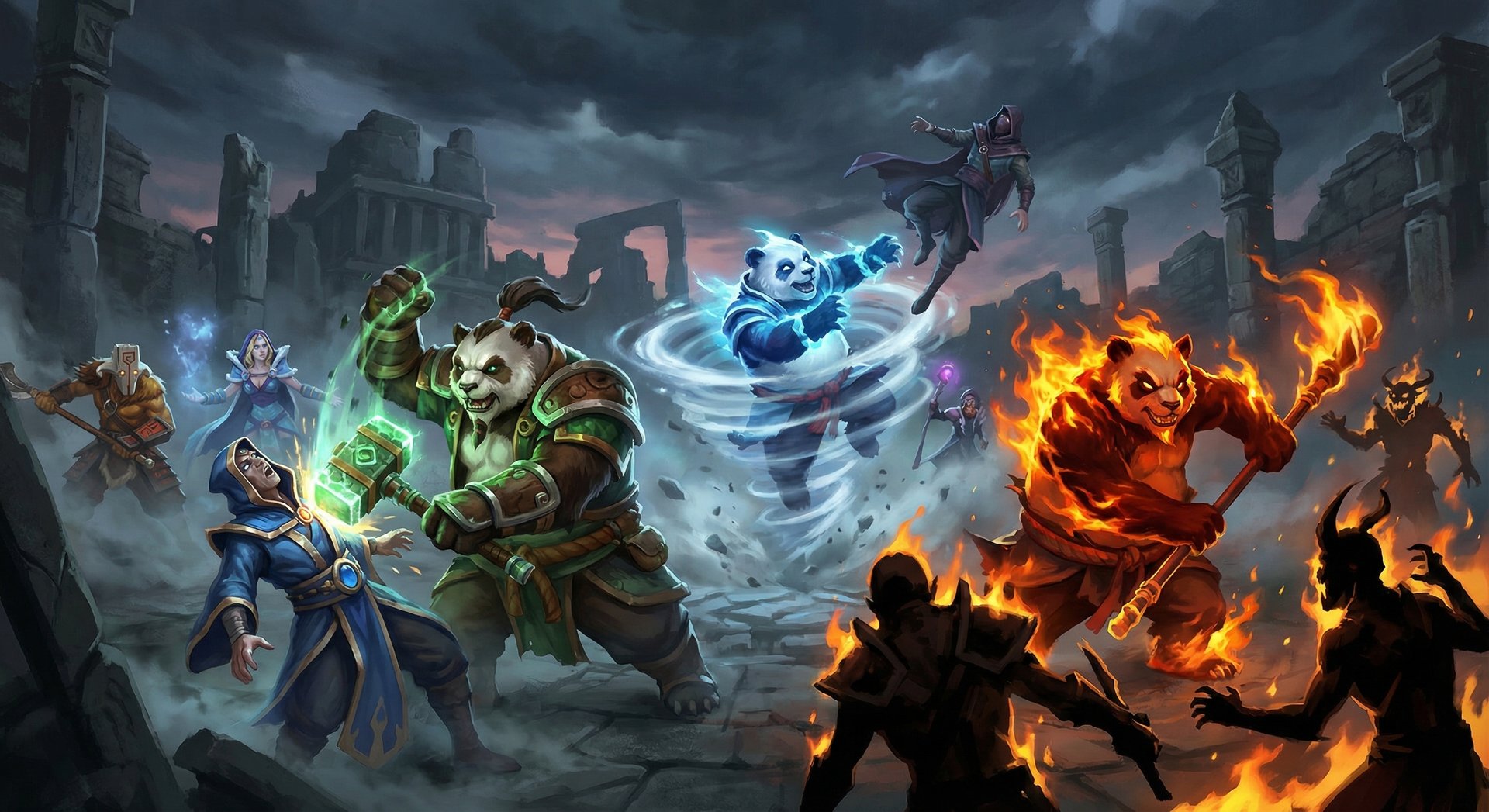 Brewmaster Primal Split pandas fighting in an epic Dota 2 team fight