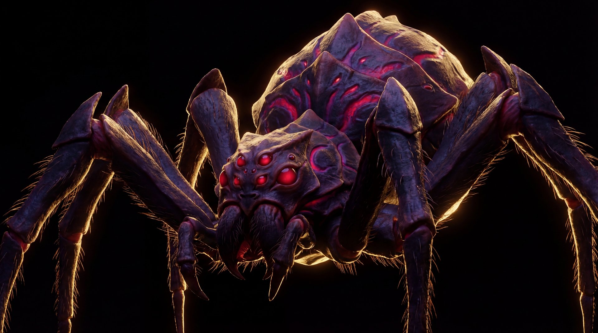 Broodmother spider queen cinematic portrait with gold accents on black background
