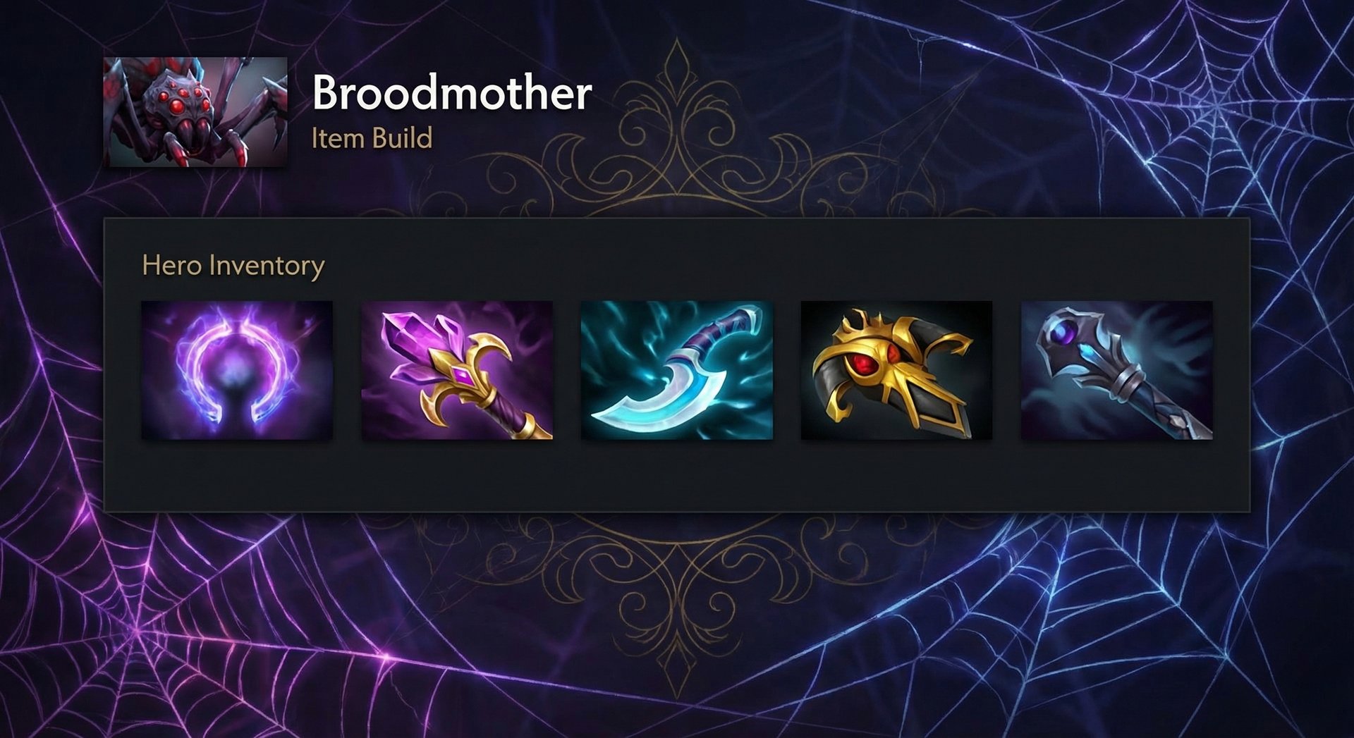 Broodmother item build progression showing Soul Ring Orchid and core items in Dota 2