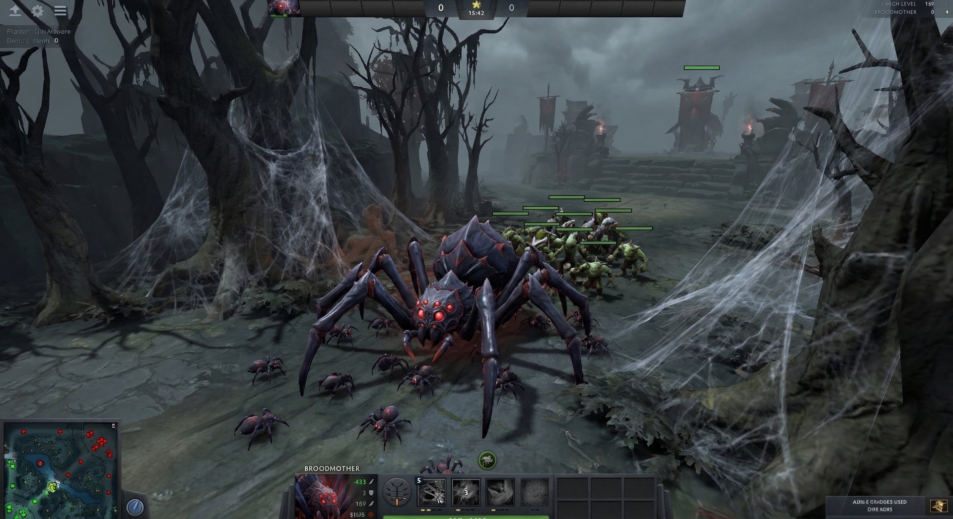 Broodmother in laning phase with spiderling army pushing lane in Dota 2