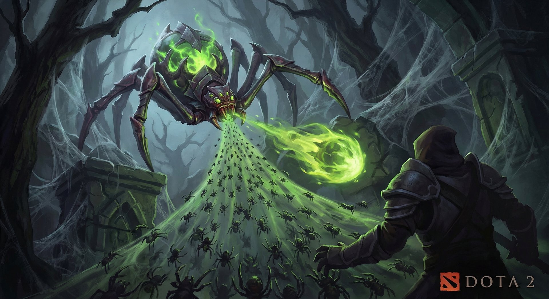 Broodmother casting Spawn Spiderlings launching spider swarm in Dota 2