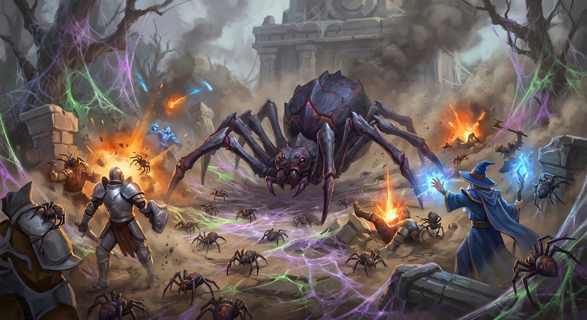 Broodmother in teamfight scenario with spiderlings overwhelming enemy heroes in Dota 2