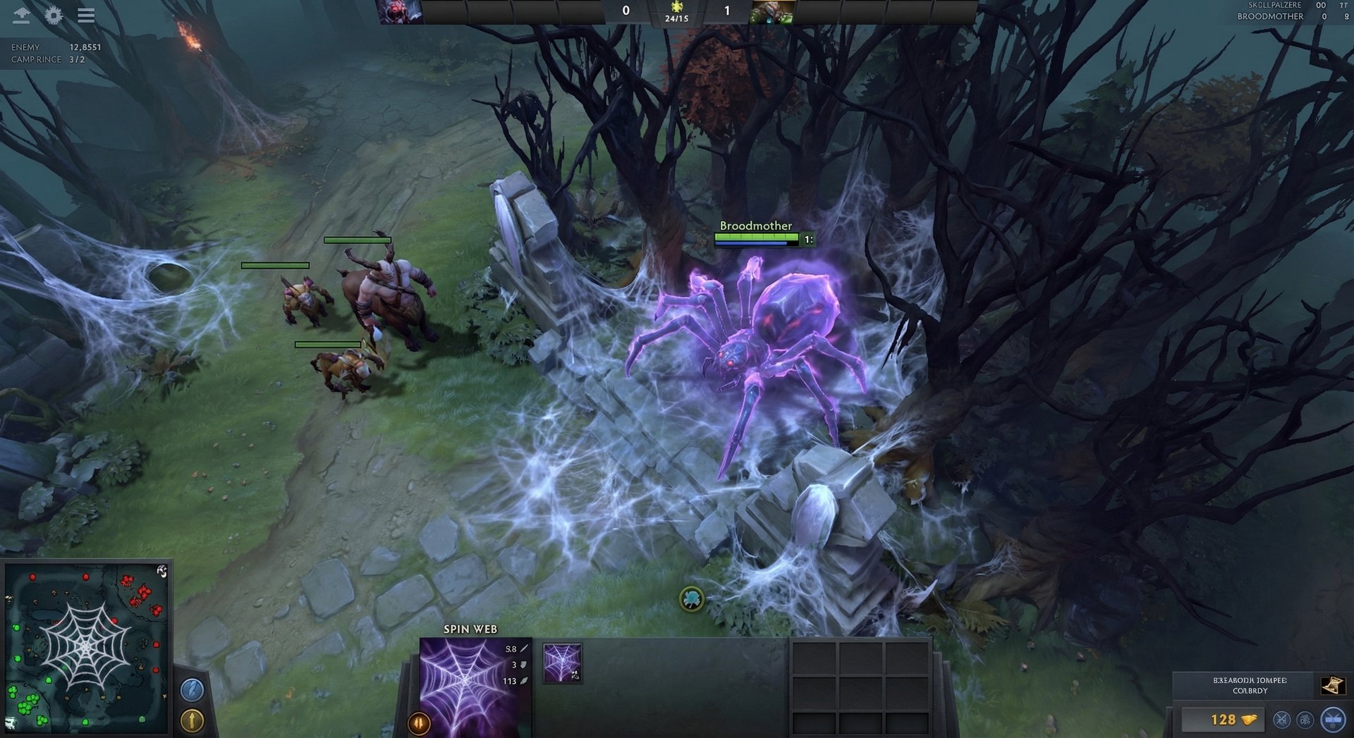 Broodmother using advanced web positioning technique hiding in trees in Dota 2