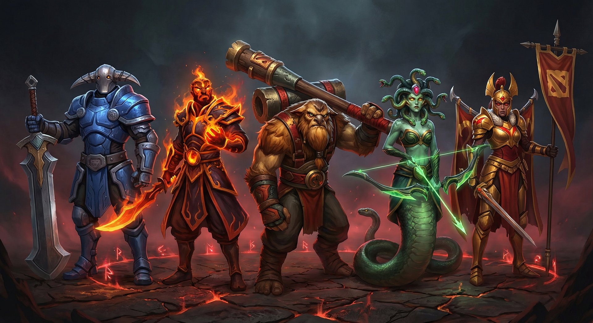 Five counter heroes lineup against Chaos Knight including Sven Ember Spirit Earthshaker Medusa and Legion Commander