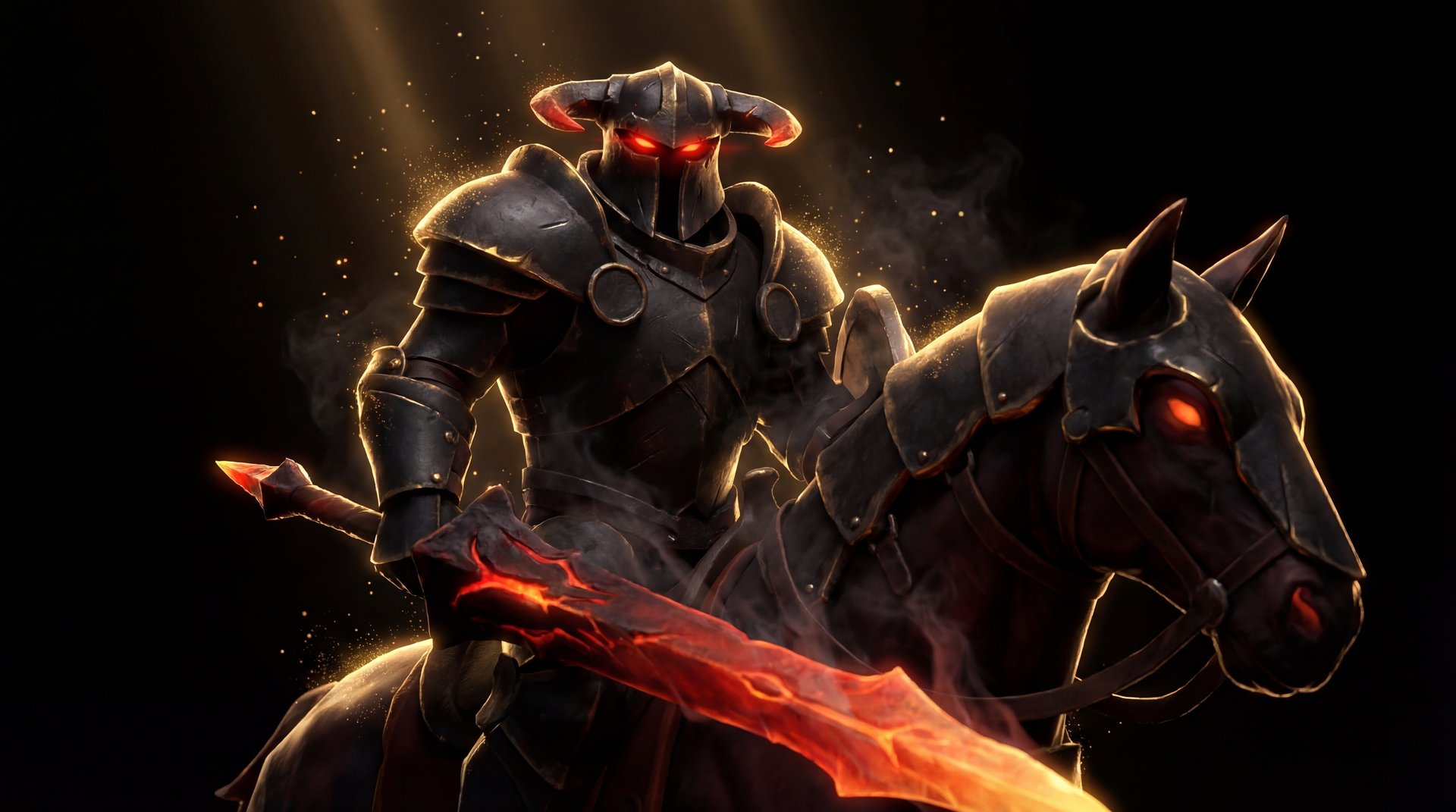 Chaos Knight cinematic portrait with gold accents on black background