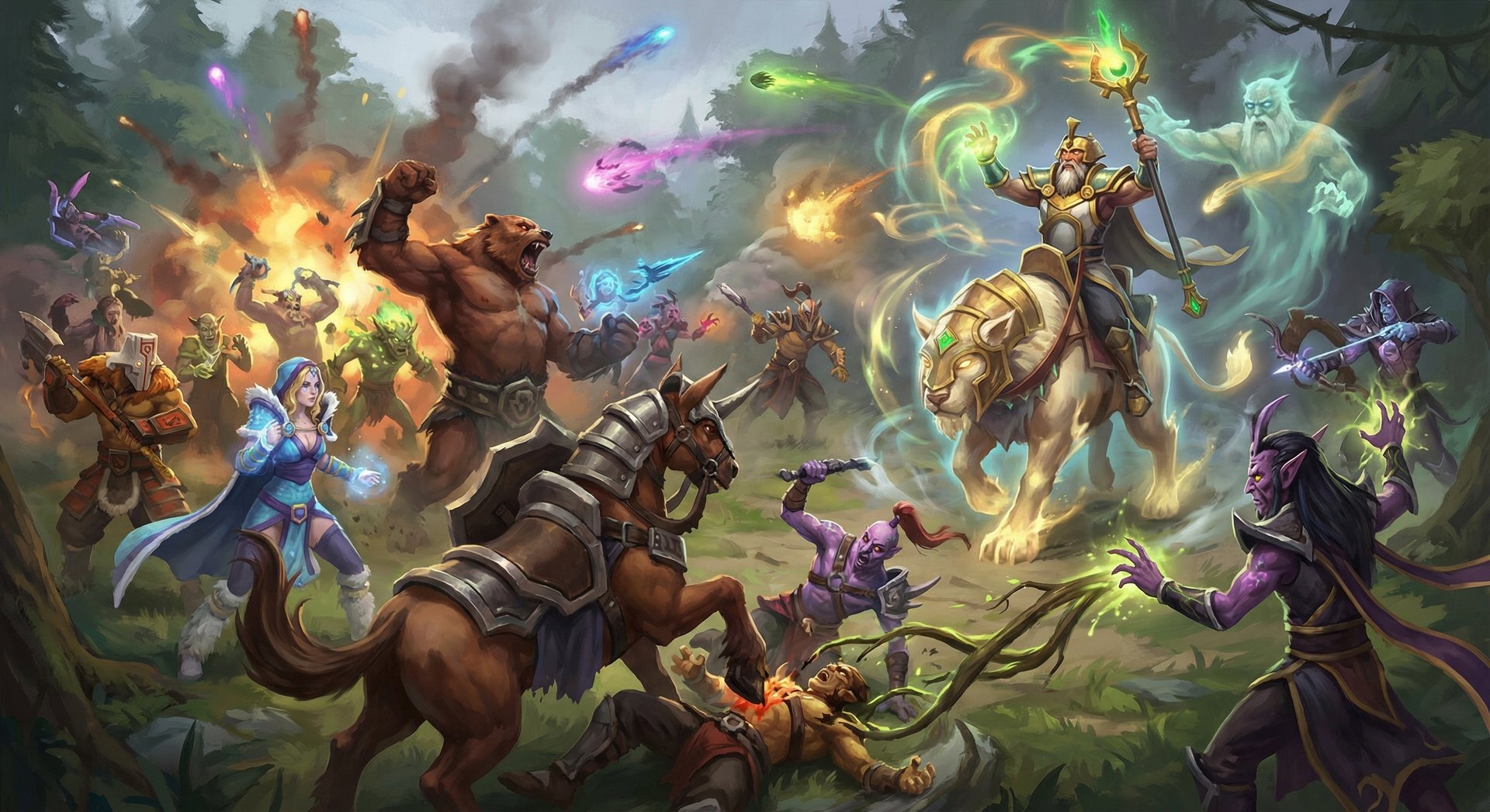 Chen commanding jungle creep army in epic Dota 2 teamfight scene