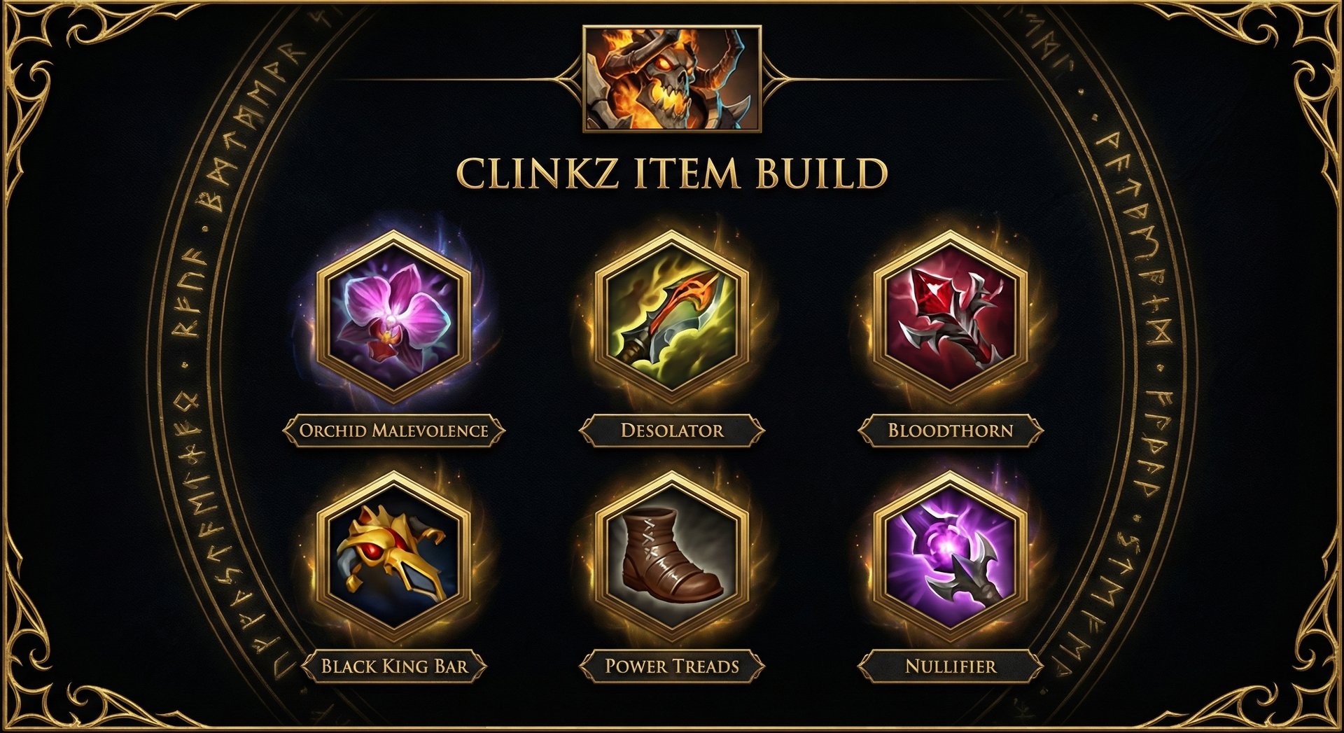 Clinkz item build progression showing Orchid Desolator Bloodthorn BKB