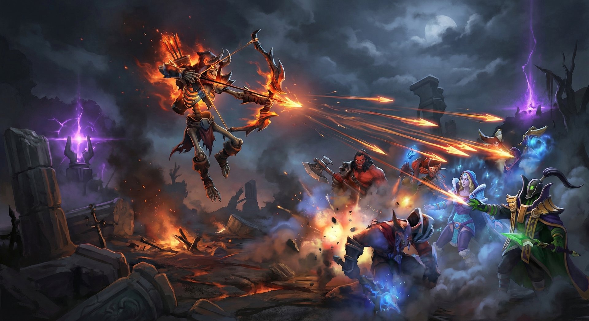 Clinkz using Burning Barrage ultimate in a Dota 2 team fight