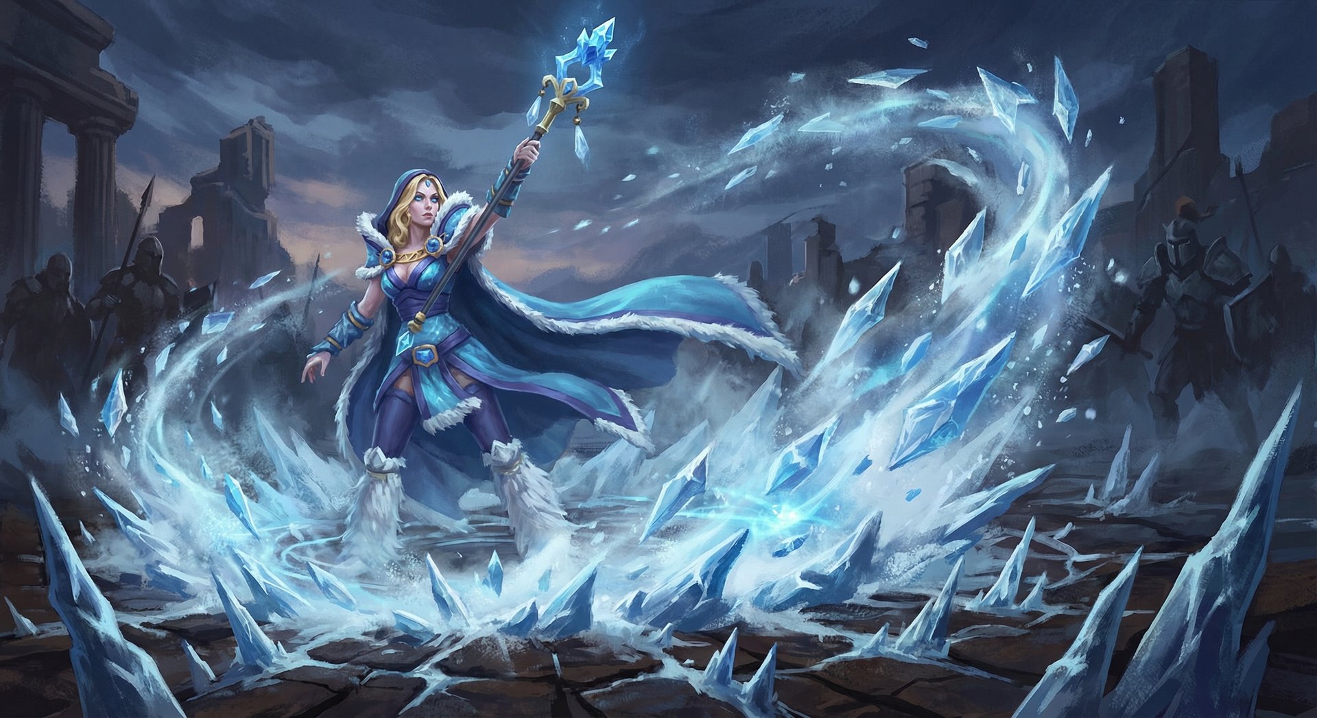 Crystal Maiden casting Crystal Nova ice burst ability in Dota 2