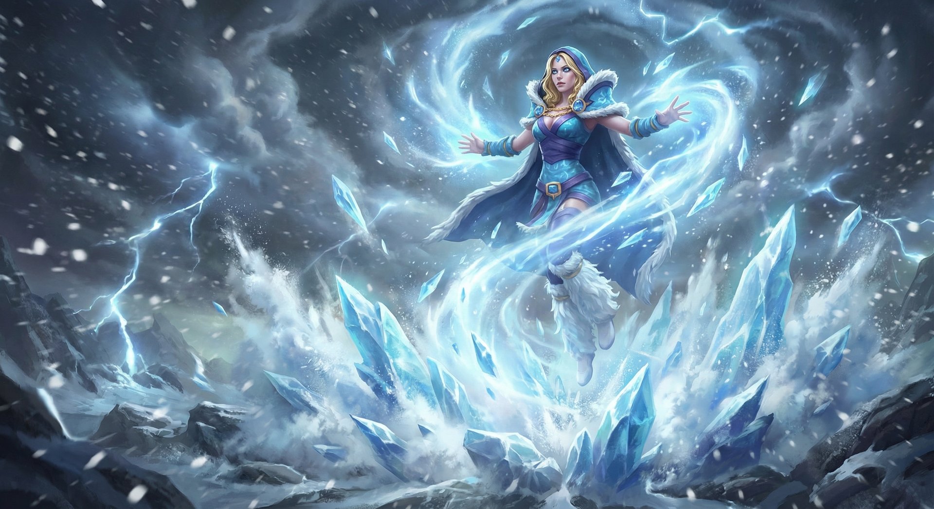 Crystal Maiden channeling Freezing Field ultimate surrounded by ice explosions