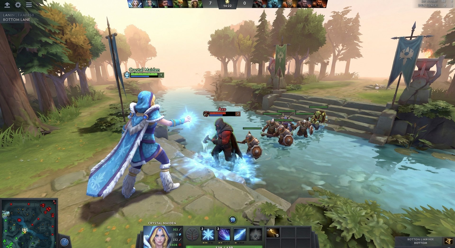 Crystal Maiden in laning phase near river using Frostbite on an enemy