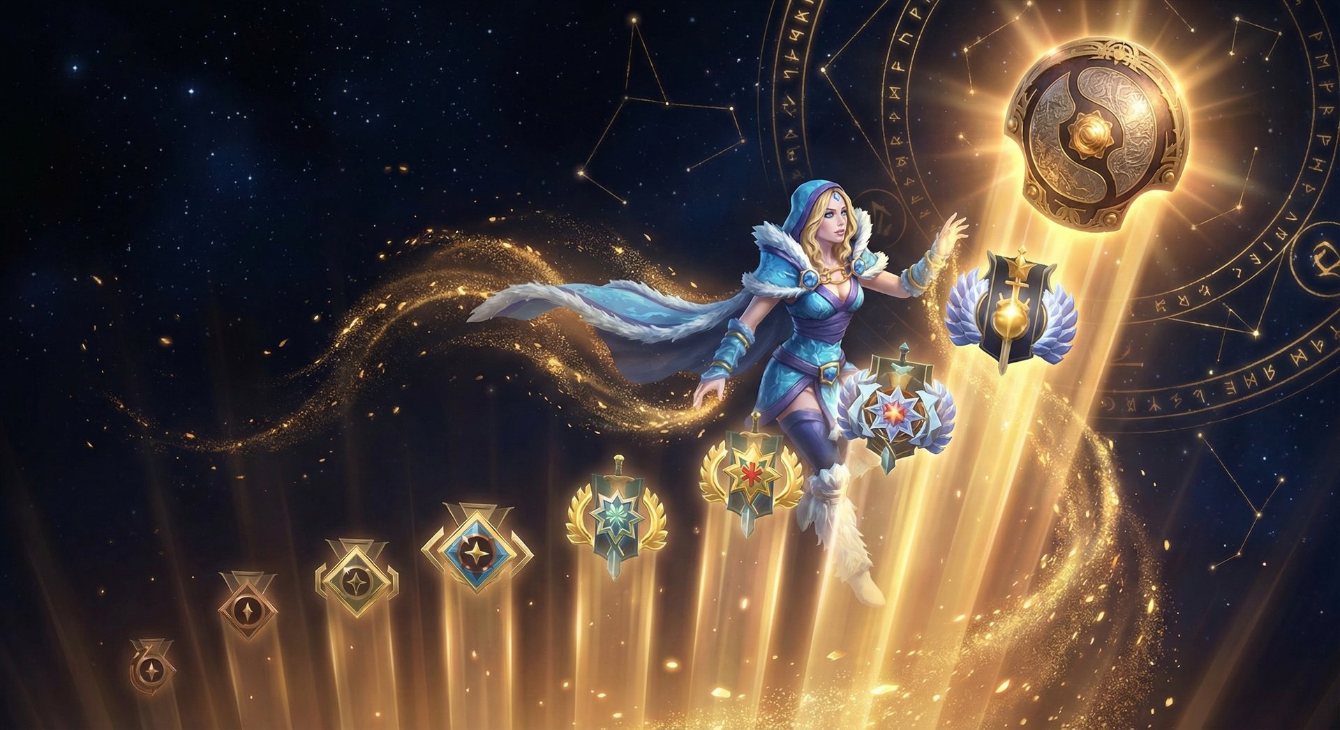 Crystal Maiden ascending through Dota 2 rank medals with gold accents
