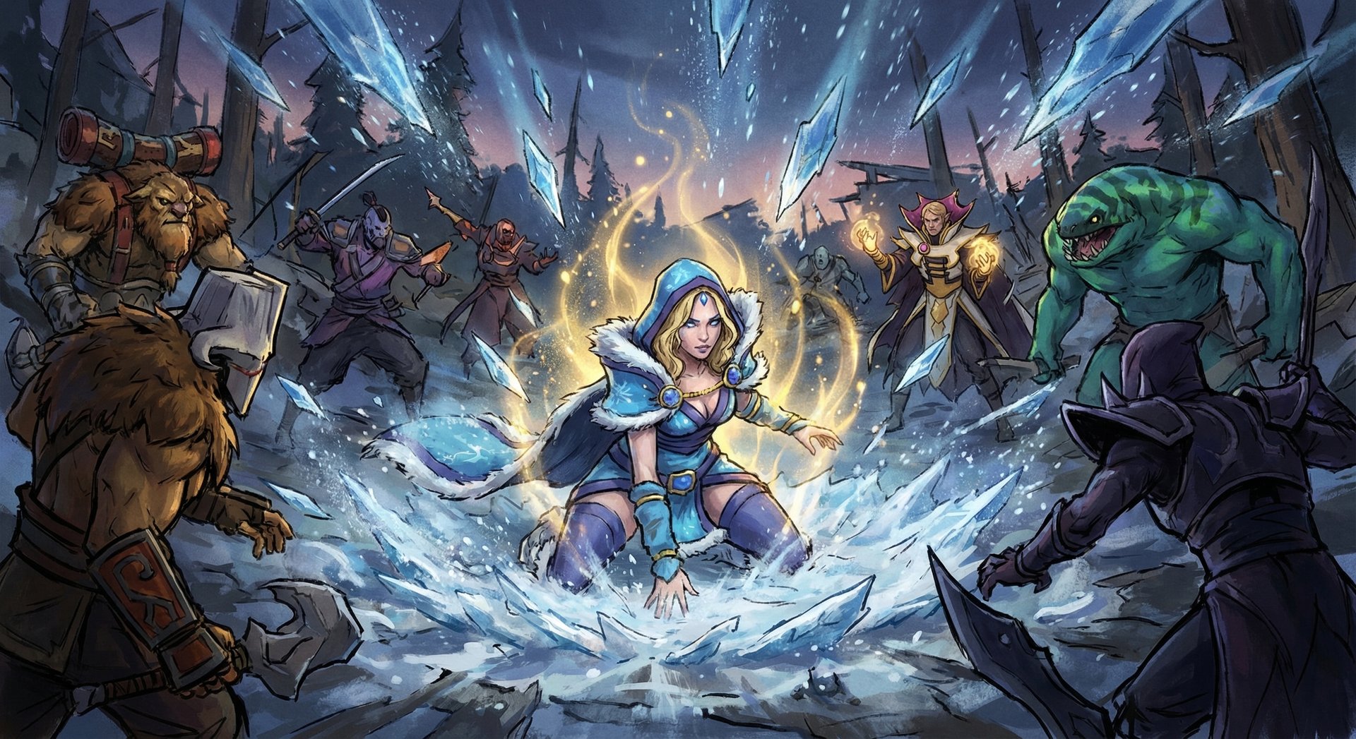 Crystal Maiden channeling Freezing Field in the middle of a chaotic team fight