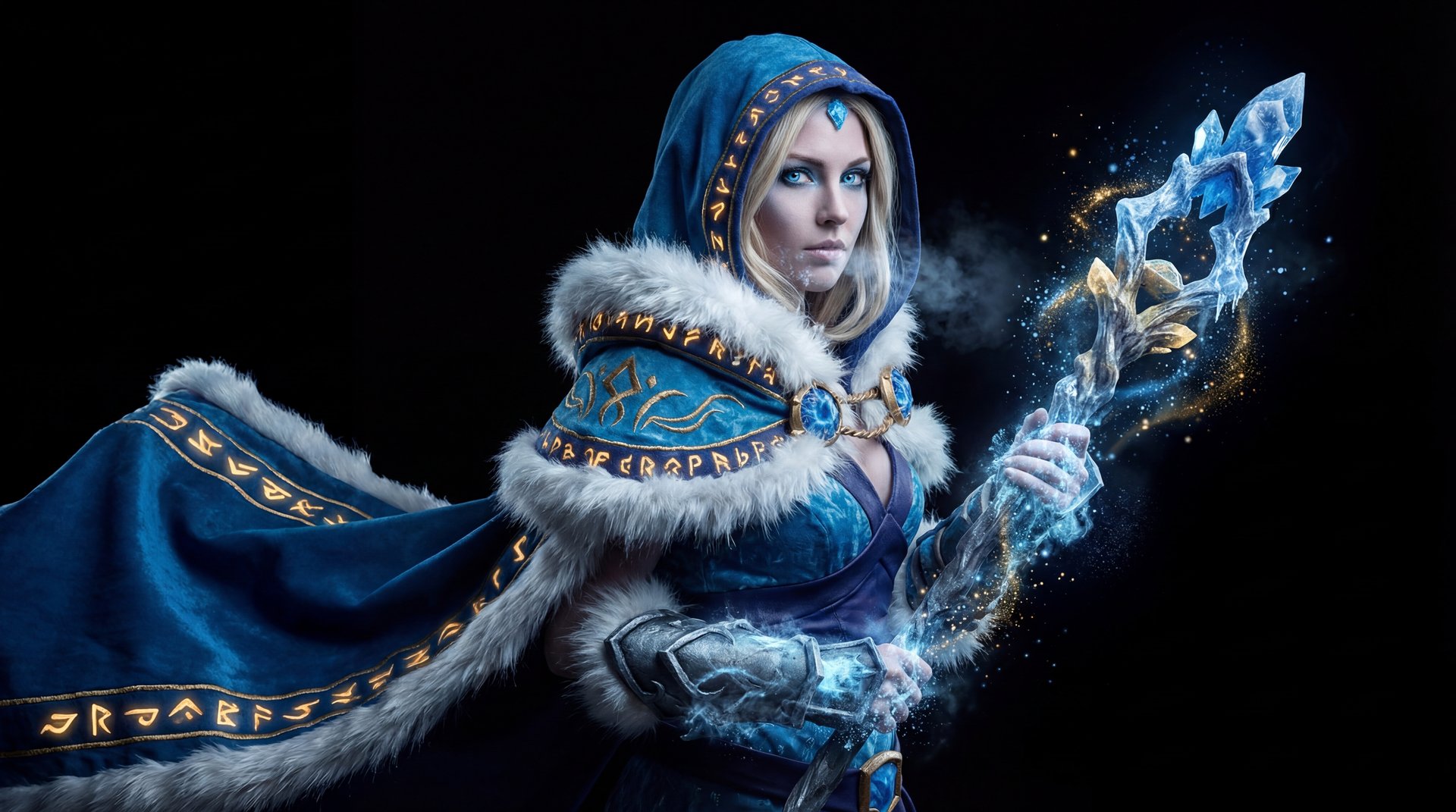 Crystal Maiden cinematic portrait with gold accents on dark background