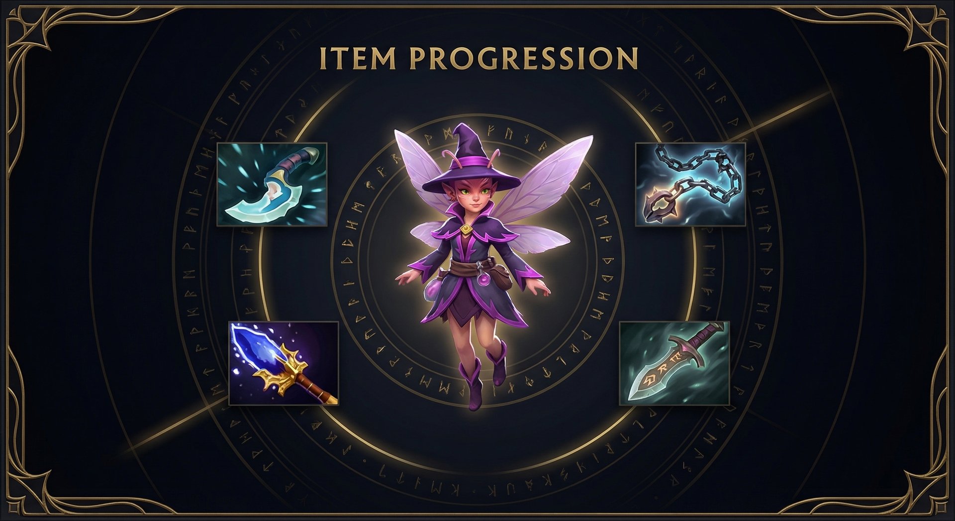 Dark Willow item build progression with core items on dark background