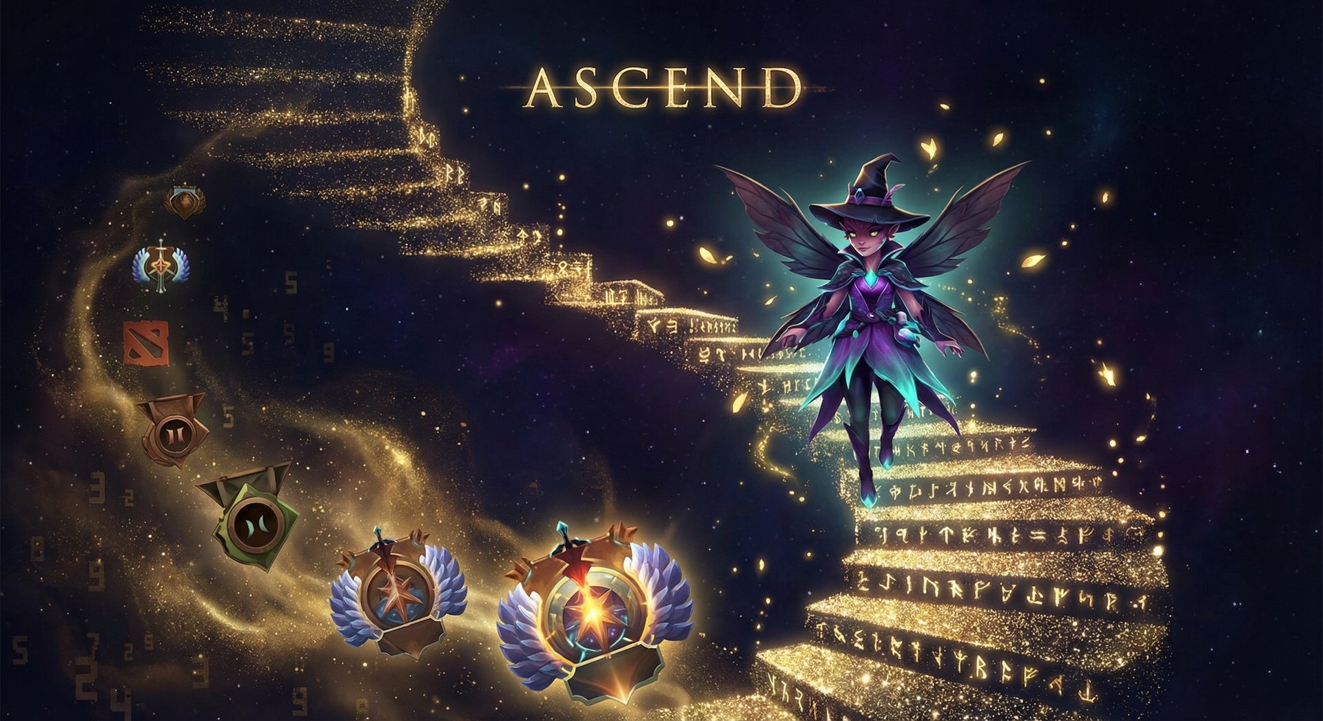 Dark Willow ascending through ranked tiers with gold accents and MMR medals