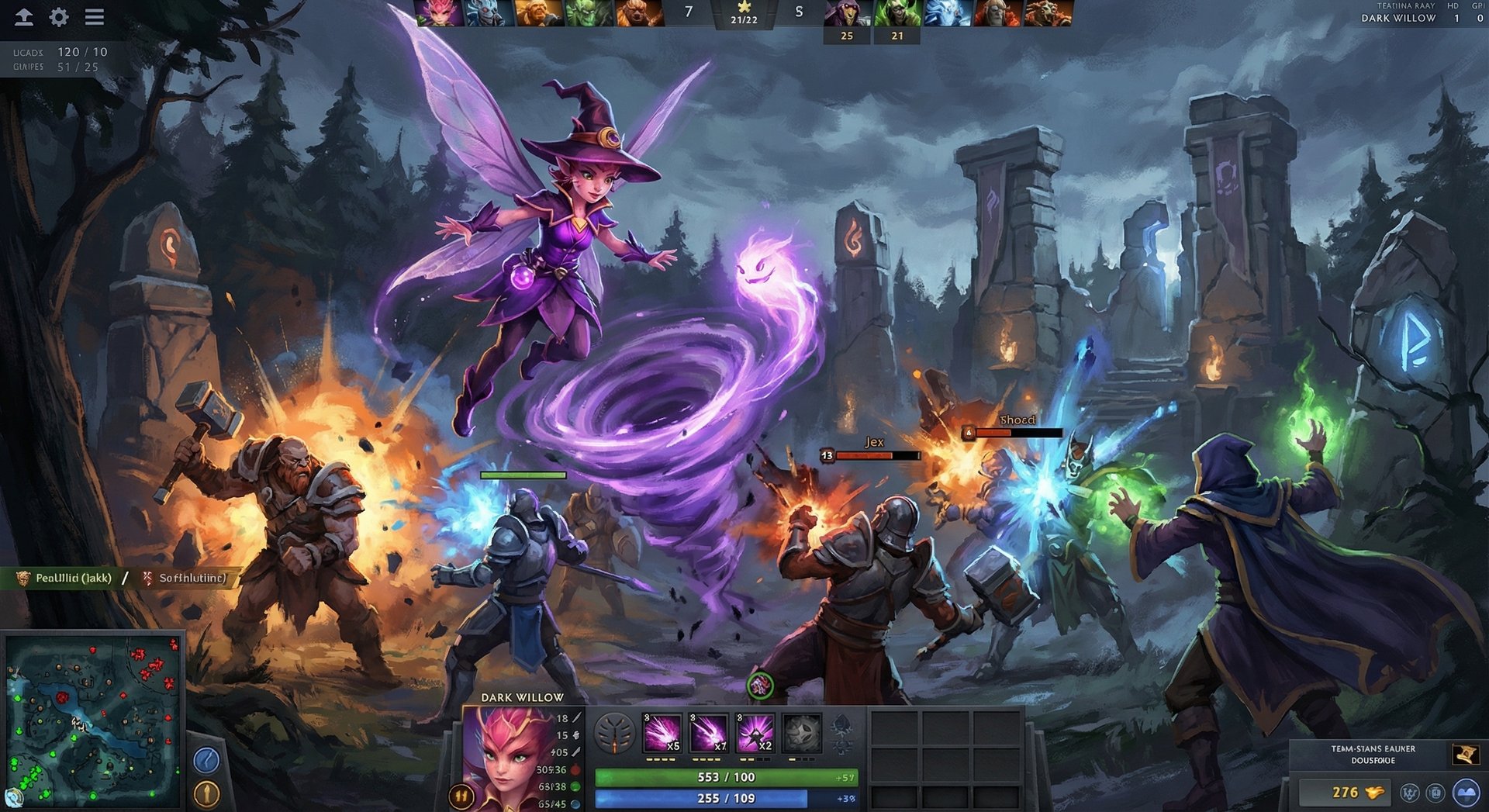Dark Willow in epic team fight using Bedlam with Jex spinning around her