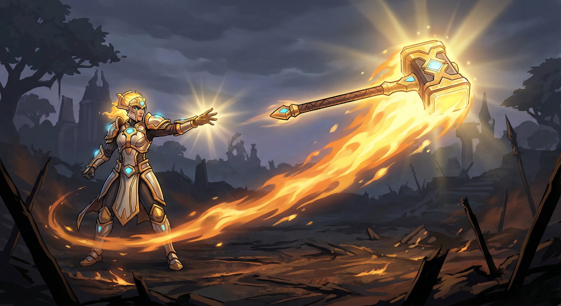 Dawnbreaker hurling Celestial Hammer leaving a fiery trail