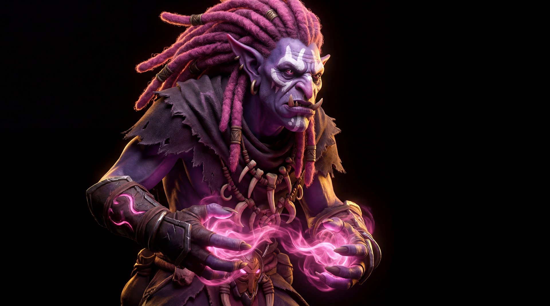 Dazzle the Shadow Priest cinematic portrait with gold accents on black background